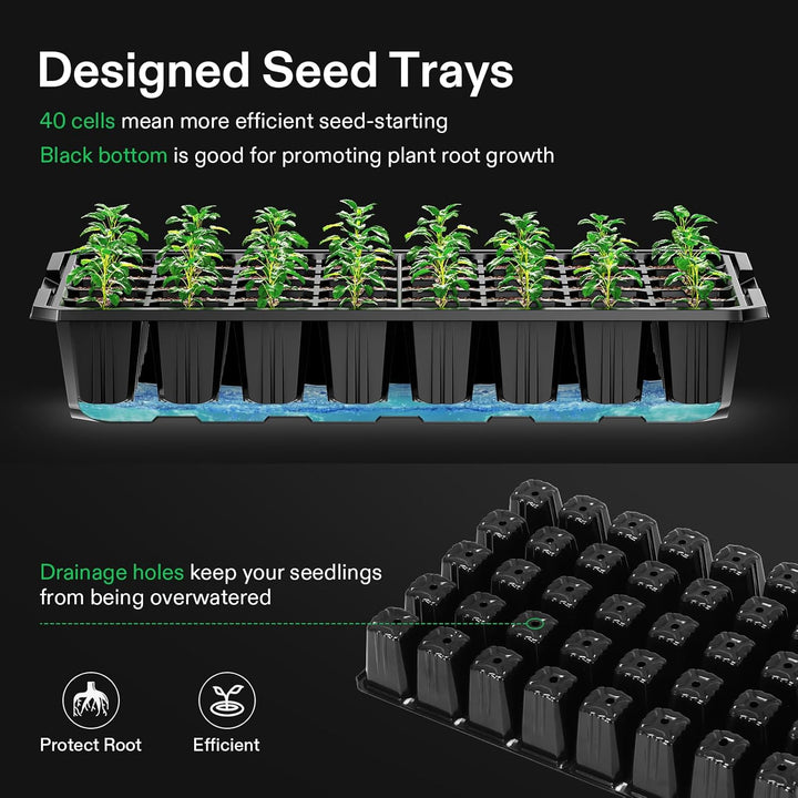 1 - Pack 40 - Cell Seed Starter Trays with 1 Set of LED Lights and 10"x20.75" Seedling Heat Mat, 3.6" Higher Cover, Adjustable Vents, Drainage Holes, Green Propagation Tray for Planting Seeds - Just Closeouts Canada Inc.