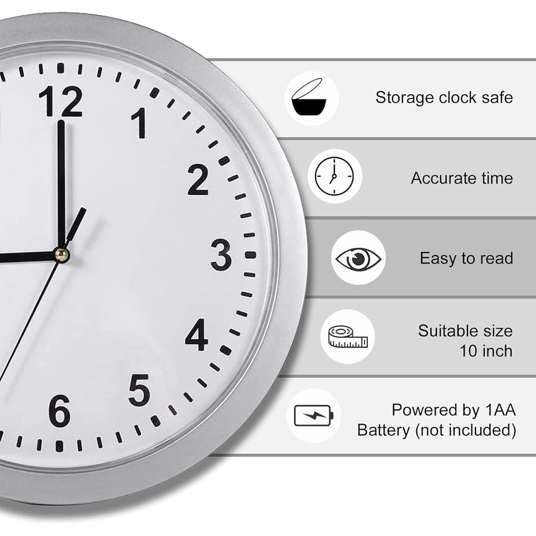 10 Inch Plastic Wall Clock with Hidden Safe, Indoor Cool Hidden Compartment Clock Diversion Safe with Secret Interior Storage for Jewelry, Cash, Valuables (Silver) - Just Closeouts Canada Inc.