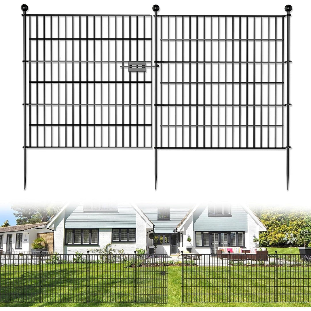 10 Panels No Dig Decorative Outdoor Garden Fence with Gate for Yard, 32 in(H) X 23.6 ft(L) Animal Barrier Fencing Rustproof Metal Wire Panel Border for Dog, Rabbits, and Patio Temporary Ground Stakes - Just Closeouts Canada Inc.