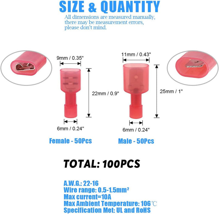100 Fully Insulated Male and Female Spade Crimp Terminals - Just Closeouts Canada Inc.