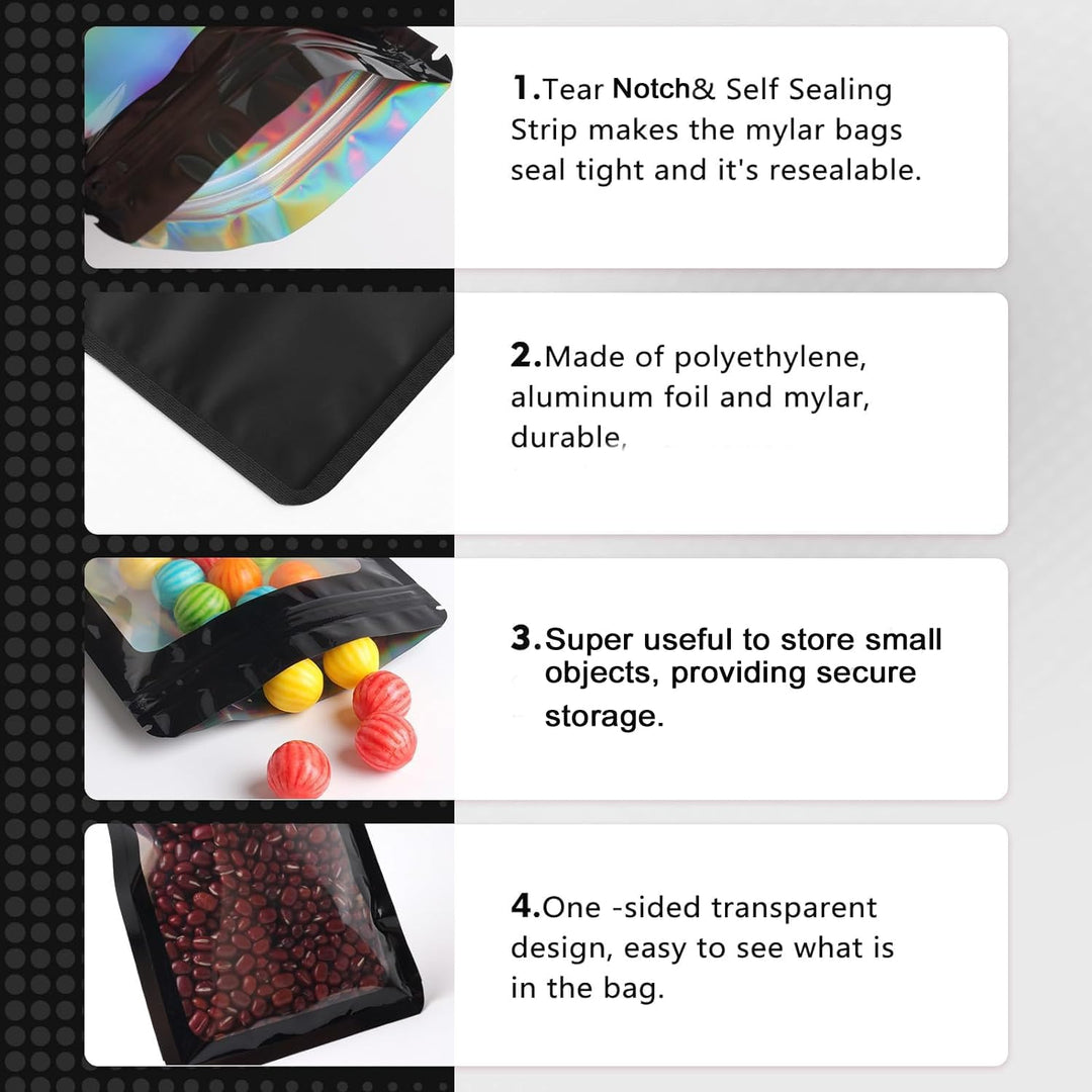 100 pcs Black Mylar Holographic Bags Packaging Bags,Clear Resealable Foil Pouch Zipper Bags for Food Storage,Lipgloss,Jewelry,Eyelash Packaging (3.5''x6.3'') - Just Closeouts Canada Inc.