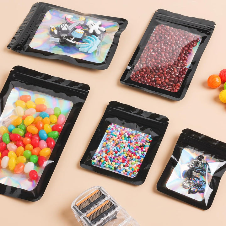 100 pcs Black Mylar Holographic Bags Packaging Bags,Clear Resealable Foil Pouch Zipper Bags for Food Storage,Lipgloss,Jewelry,Eyelash Packaging (3.5''x6.3'') - Just Closeouts Canada Inc.