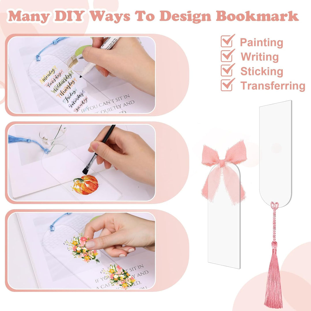 100 Pieces Acrylic Bookmark Blanks, Clear Acrylic Bookmarks with 30 Pieces Tassels and 4 Rolls Chiffon Silk Ribbon, Transparent DIY Bookmarks for Book Lover Crafts Present Tag Reading Accessories - Just Closeouts Canada Inc.