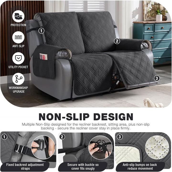 100% Waterproof Loveseat Recliner Cover, Non Slip Split Recliner Couch Cover with Elastic Straps, Washable Reclining Sofa Cover Furniture Protector for Kids, Pets(2 Seater, Dark Gray) - Just Closeouts Canada Inc.X003VZ7QBN