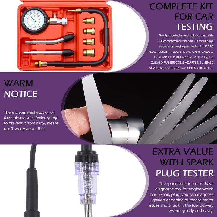 10Pcs Automotive Compression Tester Kit and Spark Plug Tester with Steel Metric and Imperial Feeler Gauge Assortment Kit, Universal Car and Motorcycle Engine Testing Tools - Just Closeouts Canada Inc.X003E9GX1P
