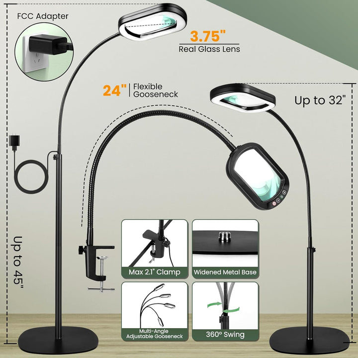 10X Rectangular Magnifying Glass with Light and Stand, 24" Flexible Gooseneck Floor Lamp, 3 - in - 1 LED 5 Color Modes, Brightness Stepless Dimmable Lighted Magnifier Hands Free for Craft, Hobby, Reading - Just Closeouts Canada Inc.