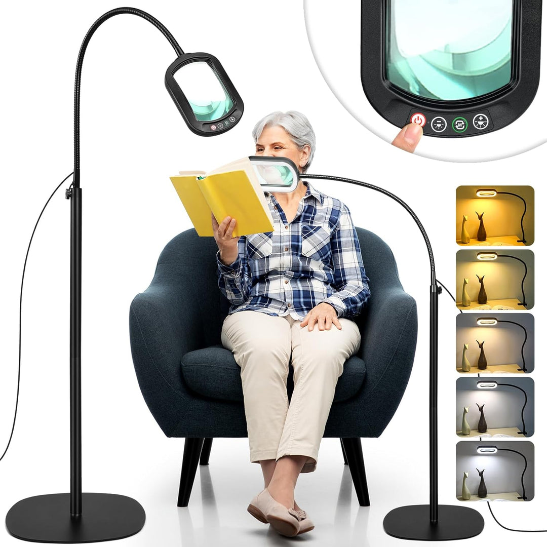 10X Rectangular Magnifying Glass with Light and Stand, 24" Flexible Gooseneck Floor Lamp, 3 - in - 1 LED 5 Color Modes, Brightness Stepless Dimmable Lighted Magnifier Hands Free for Craft, Hobby, Reading - Just Closeouts Canada Inc.