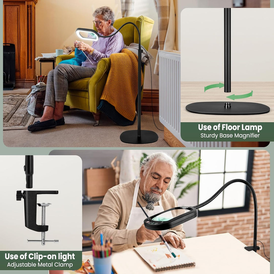 10X Rectangular Magnifying Glass with Light and Stand, 24" Flexible Gooseneck Floor Lamp, 3 - in - 1 LED 5 Color Modes, Brightness Stepless Dimmable Lighted Magnifier Hands Free for Craft, Hobby, Reading - Just Closeouts Canada Inc.