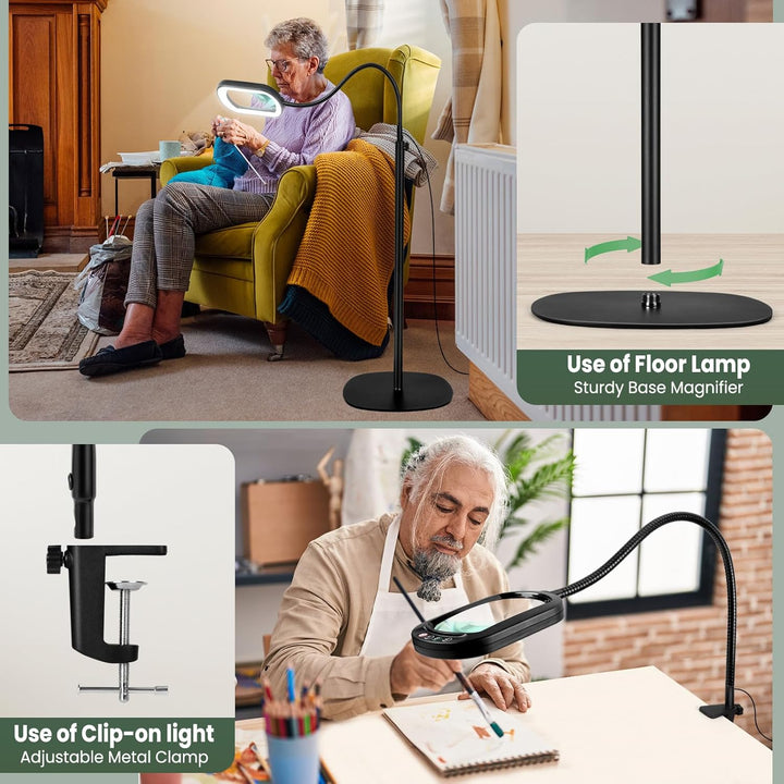 10X Rectangular Magnifying Glass with Light and Stand, 24" Flexible Gooseneck Floor Lamp, 3 - in - 1 LED 5 Color Modes, Brightness Stepless Dimmable Lighted Magnifier Hands Free for Craft, Hobby, Reading - Just Closeouts Canada Inc.