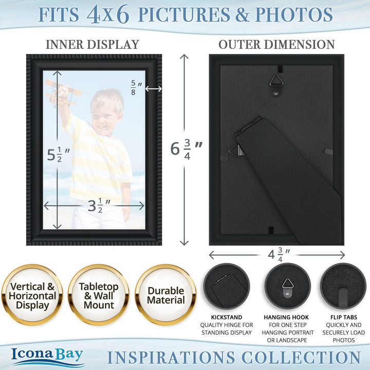 10x15 cm Black Picture Frame - Beautifully Detailed Moulding - Contemporary Picture Frame - Wall Mount or Table Top - Inspirations Collection, 1PK - Just Closeouts Canada Inc.669002366141