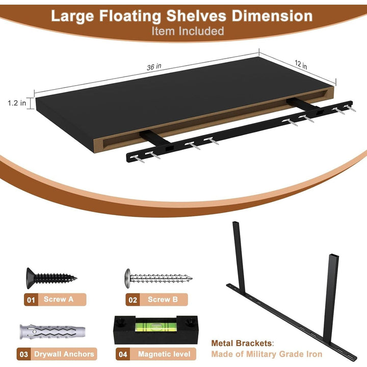 12 Inch Deep Floating Shelves for Wall 2 Pack Floating Shelves Large Storage Space Wall Mount Shelf for Living Room Kitchen Bathroom 36" W x 12" D x 1.2" H Black - Just Closeouts Canada Inc.