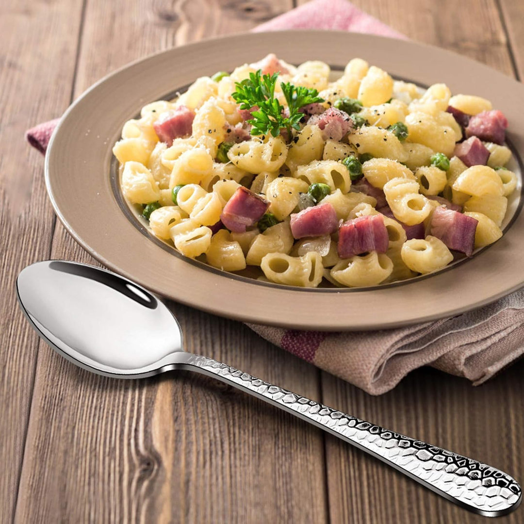 12 - Piece Stainless Steel Hammered Dinner Spoons Set, Modern Silver Large Soup Spoons for Home, Kitchen, Restaurant, Round Edge & Mirror Polished, Dishwasher Safe - 7.9 Inches - Just Closeouts Canada Inc.