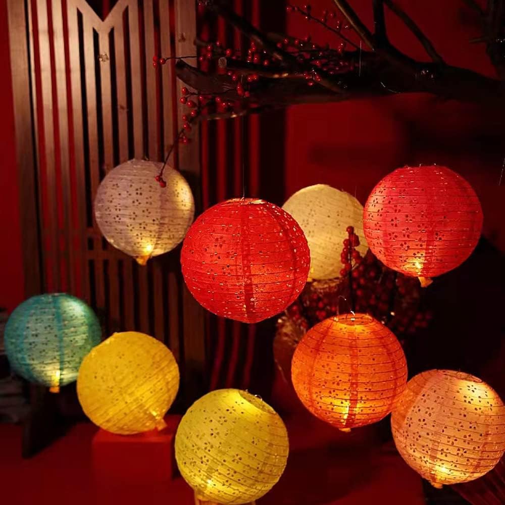 12Pcs Chinese Paper Lanterns with LED Lights Hollow Out Hanging Asia Japanese Paper Lamps with Tassel and Walking Stick, 8 in Lanterns for Chinese New Year Lanterns Decorations(Round) - Just Closeouts Canada Inc.