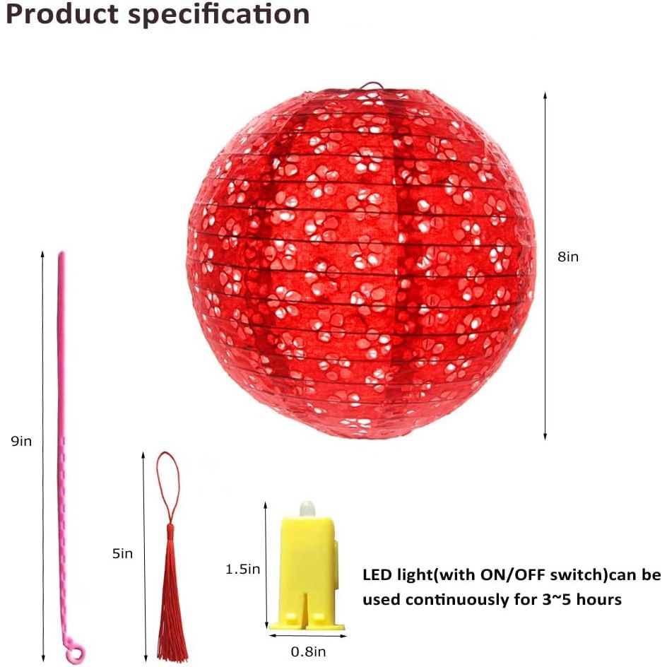 12Pcs Chinese Paper Lanterns with LED Lights Hollow Out Hanging Asia Japanese Paper Lamps with Tassel and Walking Stick, 8 in Lanterns for Chinese New Year Lanterns Decorations(Round) - Just Closeouts Canada Inc.