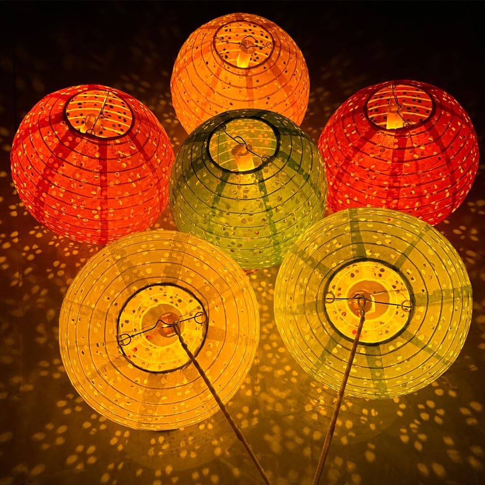 12Pcs Chinese Paper Lanterns with LED Lights Hollow Out Hanging Asia Japanese Paper Lamps with Tassel and Walking Stick, 8 in Lanterns for Chinese New Year Lanterns Decorations(Round) - Just Closeouts Canada Inc.