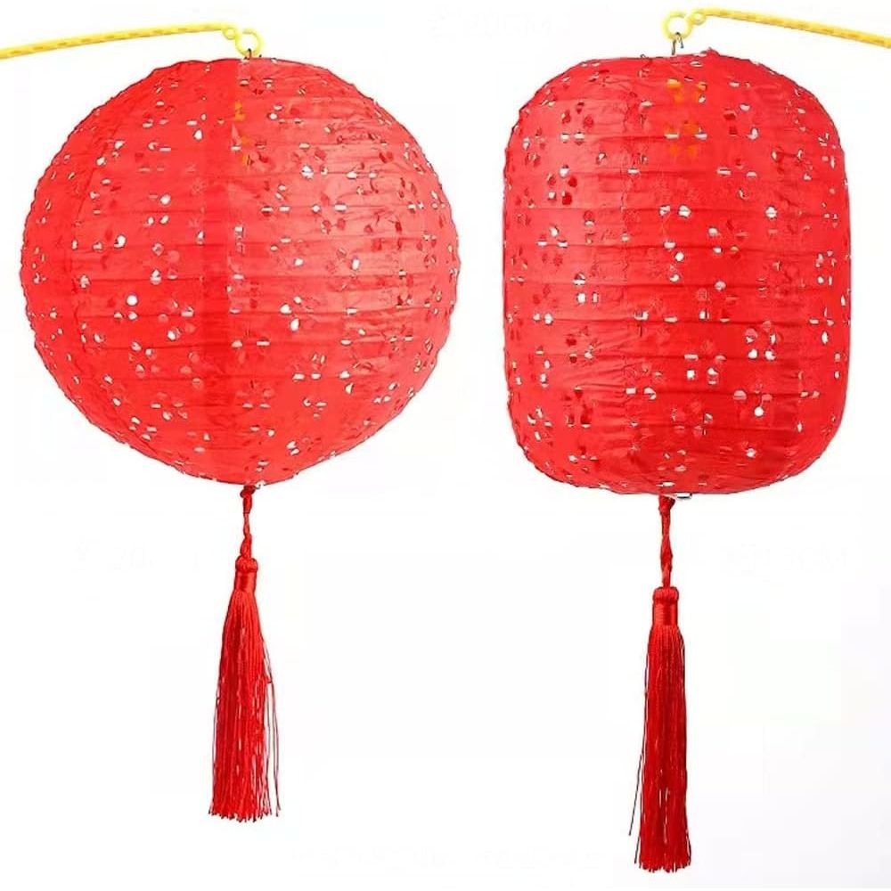 12Pcs Chinese Paper Lanterns with LED Lights Hollow Out Hanging Asia Japanese Paper Lamps with Tassel and Walking Stick, 8 in Lanterns for Chinese New Year Lanterns Decorations(Round) - Just Closeouts Canada Inc.