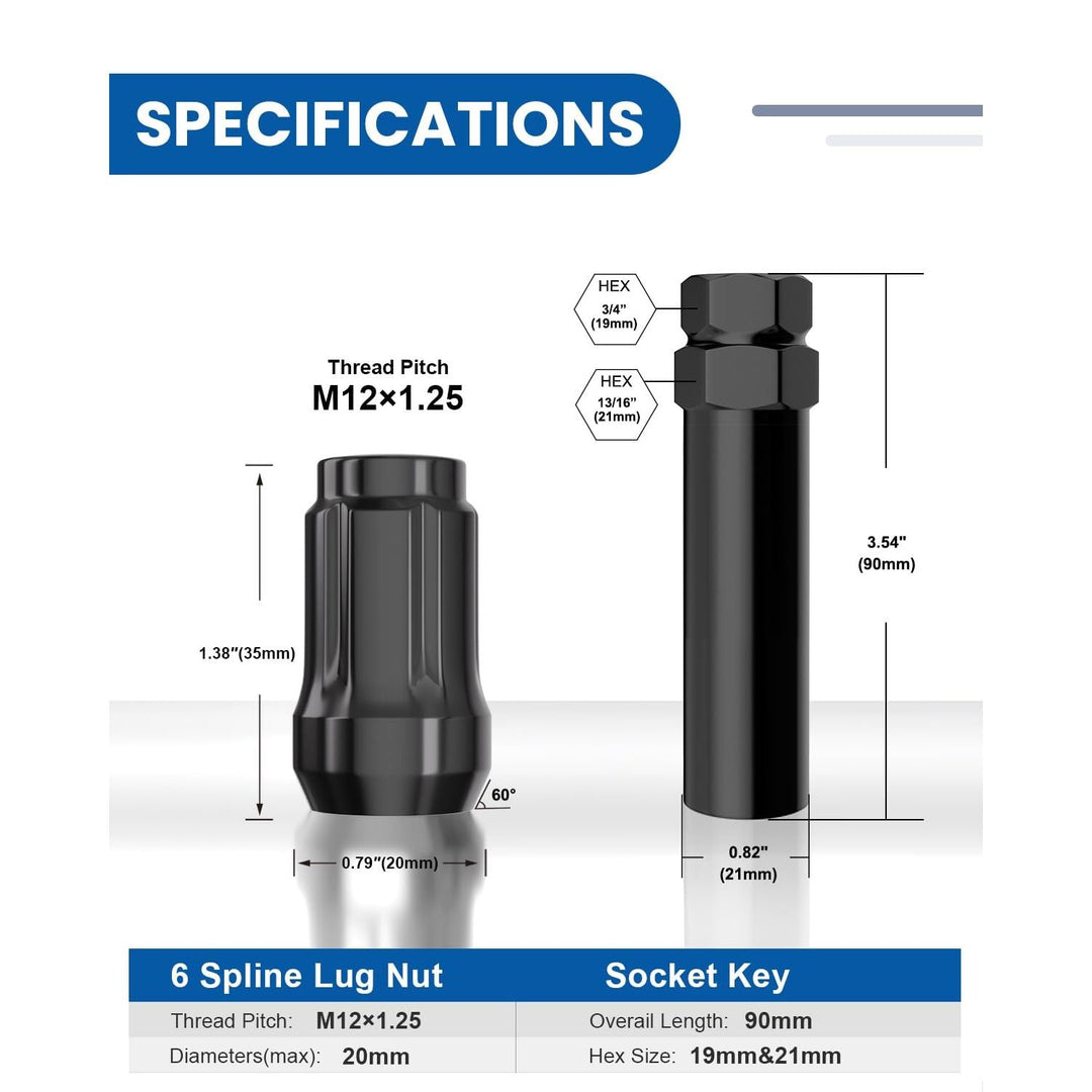 12x1.25 Lug Nuts Spline Black, M12x1.25 Closed End Acorn Tuner Lug Nuts 1.38" Tall Conical Seat 60 Degree for Aftermarket Wheels, 20 Pack+ 1 Lug Nut Lock Key Socket - Just Closeouts Canada Inc.X002WBHTNH