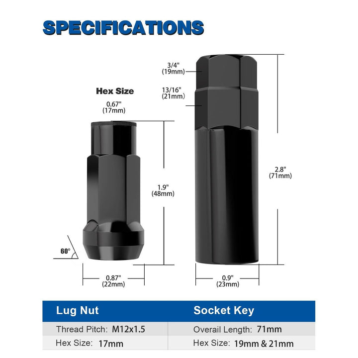 12x1.5 Extended Open End Lug Nuts Black, 1.9" 48mm Tall, 17mm Hex, Conical Seat 60 Degree, 20 Pack+1 Lug Nut Lock Key Socket - Just Closeouts Canada Inc.X002TJNFR1