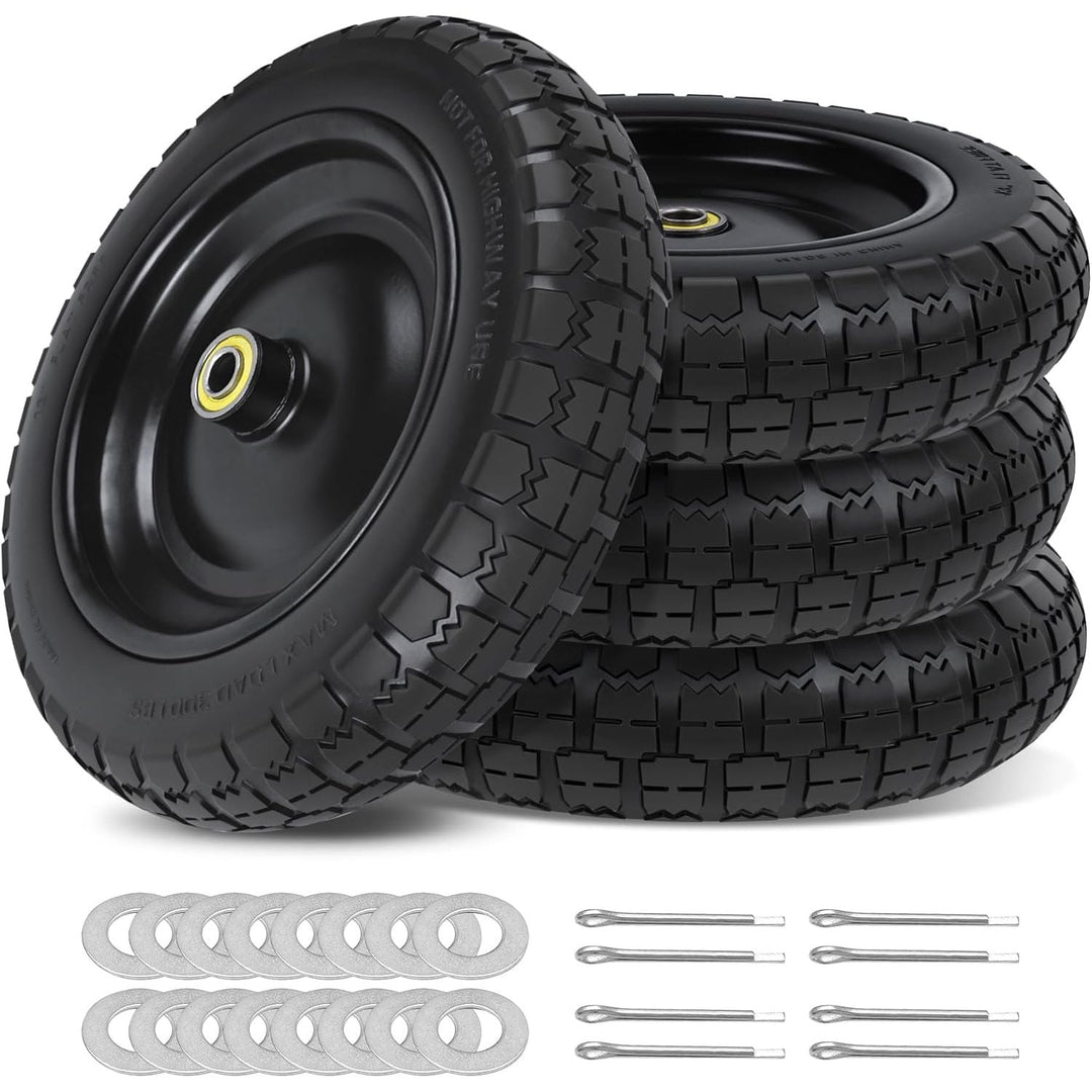 13 Inch Flat Free Wheels Cart Tires 4.00 - 6 Solid Replacement with Universal 5/8" Axle Bore Hole, Spacers and Pins, for Wheelbarrow, Garden Wagon, Hand Truck, Trolley, Lawn Mower?4 Pack - Just Closeouts Canada Inc.