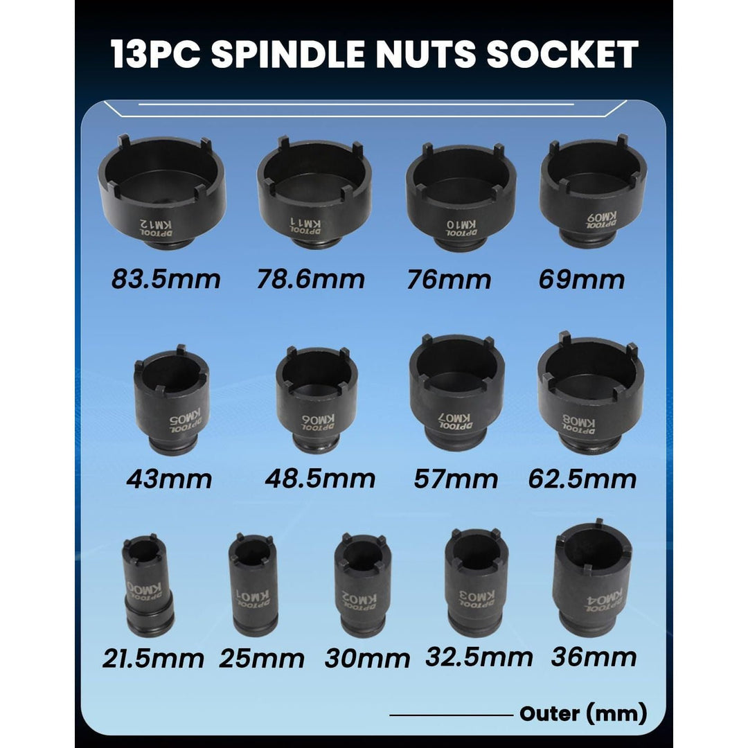 13pc Spindle Nuts Socket Kit Ball Joints Axle Locknut Remove Install Locking Hub Socket for KM Groove Nuts, 4 Teeth Exterior with 1/2'' 21.5mm 25mm 30mm 32.5mm 36mm 43mm 48.5mm 57mm 62.5mm 69mm 76mm - Just Closeouts Canada Inc.X0049F6VFB