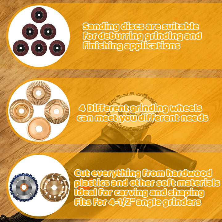 13PCS Wood Carving Disc Set for 4" or 4 1/2" Angle Grinder, Stump Tool Grinder Disc Wheel Attachments for Woodworking, Stump Grinding Tools for Wood Cutting Shaping Carving Sanding and Polishing - Just Closeouts Canada Inc.X003YY7JLX