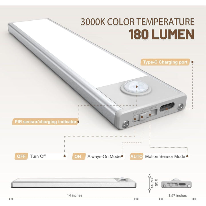 14 inch Under Cabinet Lighting, 58 LED Rechargeable Motion Sensor Light Indoor, Stick On Magnetic Closet Lights, Wireless Under Counter Lights for Kitchen, Stairs, Warm 6 Pack - Just Closeouts Canada Inc.