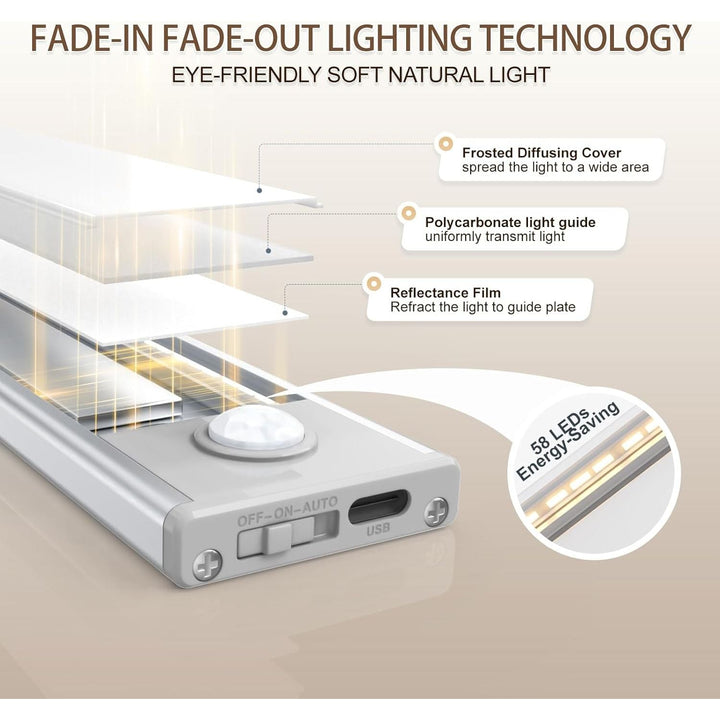 14 inch Under Cabinet Lighting, 58 LED Rechargeable Motion Sensor Light Indoor, Stick On Magnetic Closet Lights, Wireless Under Counter Lights for Kitchen, Stairs, Warm 6 Pack - Just Closeouts Canada Inc.