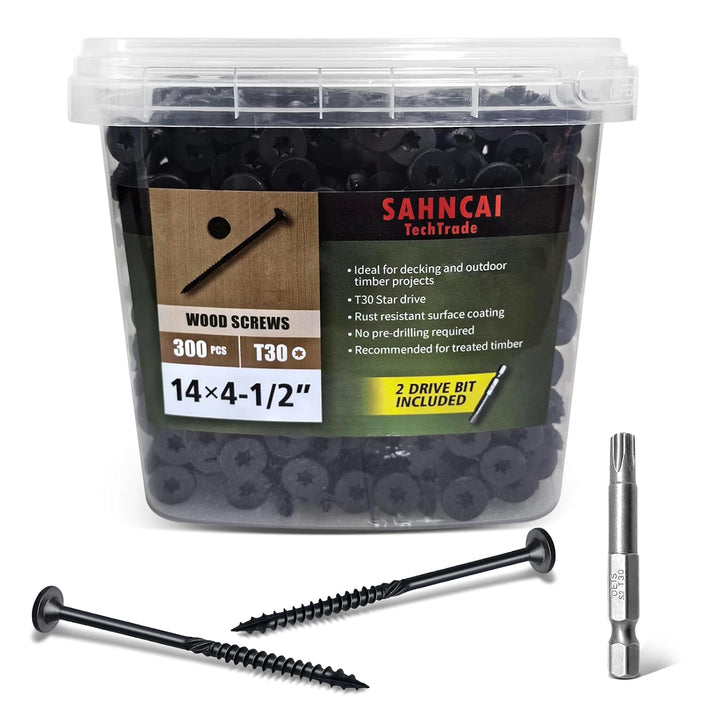 14 x 4 - 1/2 Inch,Deck Wood 300Pcs, Heavy - Duty Outdoor Wood Screws Assortment Fastener Kit,Rust Resistant epoxy Coated, T30 Star Bit (14 x 4 - 1/2") - Just Closeouts Canada Inc.