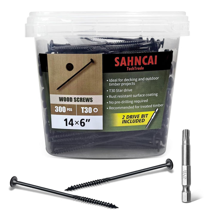 14 x 6 Inch,Deck Wood Screws 300Pcs, Heavy - Duty Outdoor Wood Screws Assortment Fastener Kit,Rust Resistant epoxy Coated, T30 Star Bit (14 x 6) - Just Closeouts Canada Inc.
