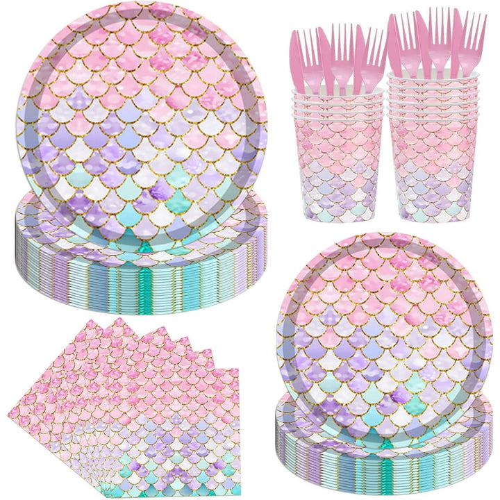 144PCS Mermaid Party Tableware Set Mermaid Birthday Party Supplies Sea - Maiden Plates Napkins Cups Forks Sea - Maiden Party Decorations Birthday Bridal Shower Baby Shower Decoration Serves 24 - Just Closeouts Canada Inc.