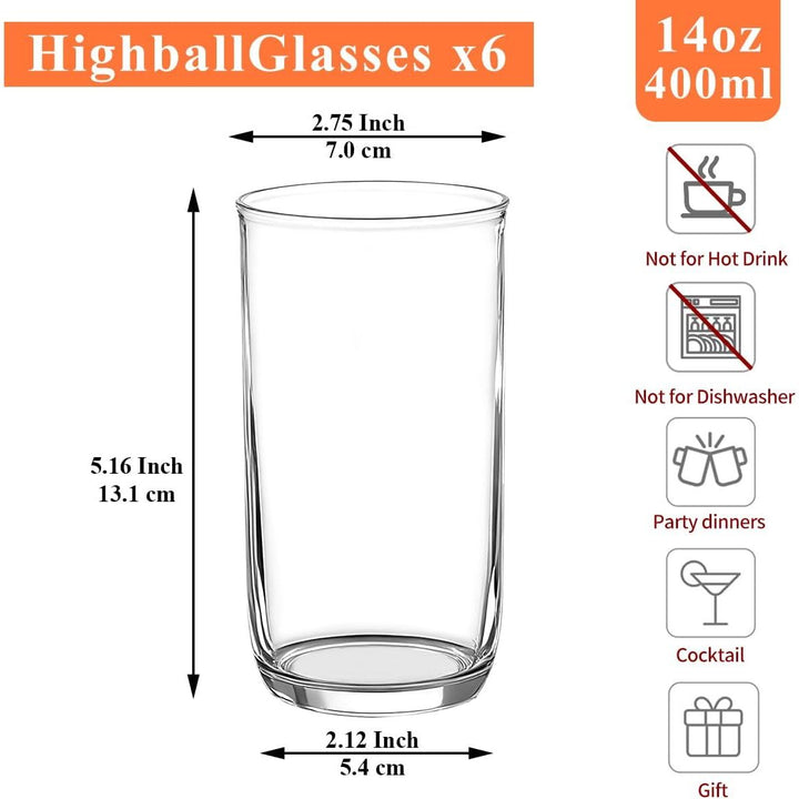 14oz Highball Glasses, 6pcs Drinking Glasses, PET Clear Plastic Water Glasses, Beer Glasses, Iced Coffee Glasses, Ideal for Cocktail, Whiskey, Soda, Tea, Water, Gift - Just Closeouts Canada Inc.