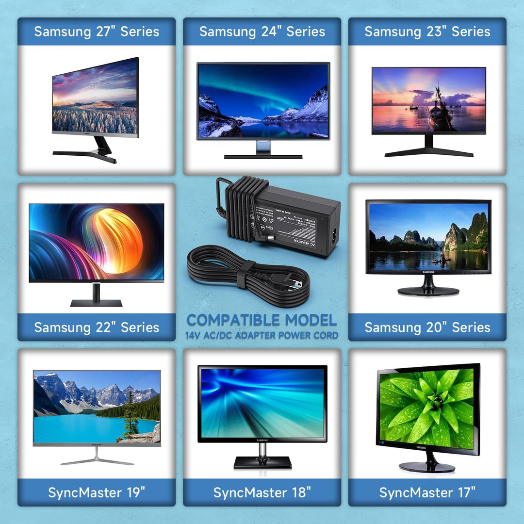 14V Power Cord for Samsung Monitor 15" 17" 18" 19" 20" 22" 23" 24" 27", Samsung SyncMaster S22C300H P2770 SA350 UE590 S27D360H UN22F5000AF S27B350H S27E390H Monitor TV Power Supply - Just Closeouts Canada Inc.