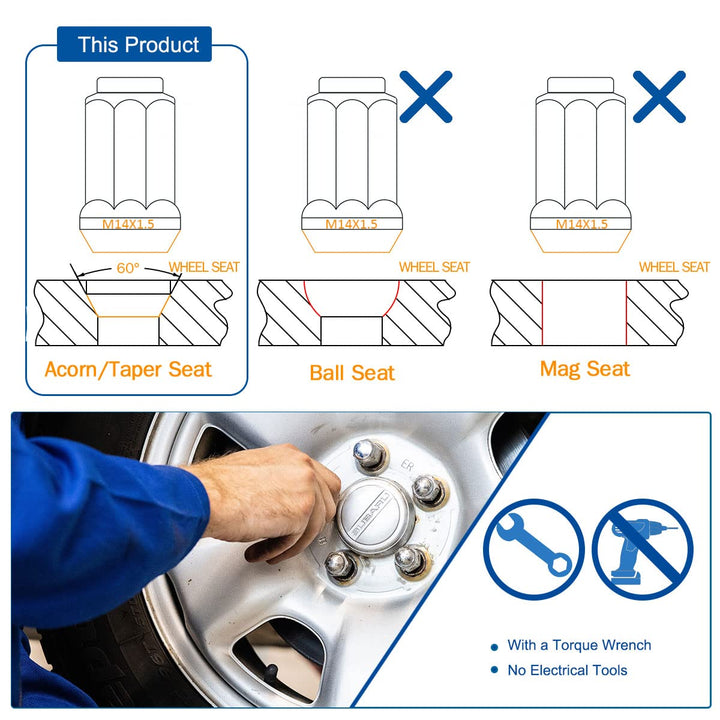 14x1.5 Chrome Lug Nuts, Closed End Bulge Acorn Chrome Lug Nut 3/4" 19mm Hex 1.38" 35mm Height Conical Seat Small/Short M14x1.5 Lug Nut, 24 Pack +1 - Just Closeouts Canada Inc.B08KXXHBFF