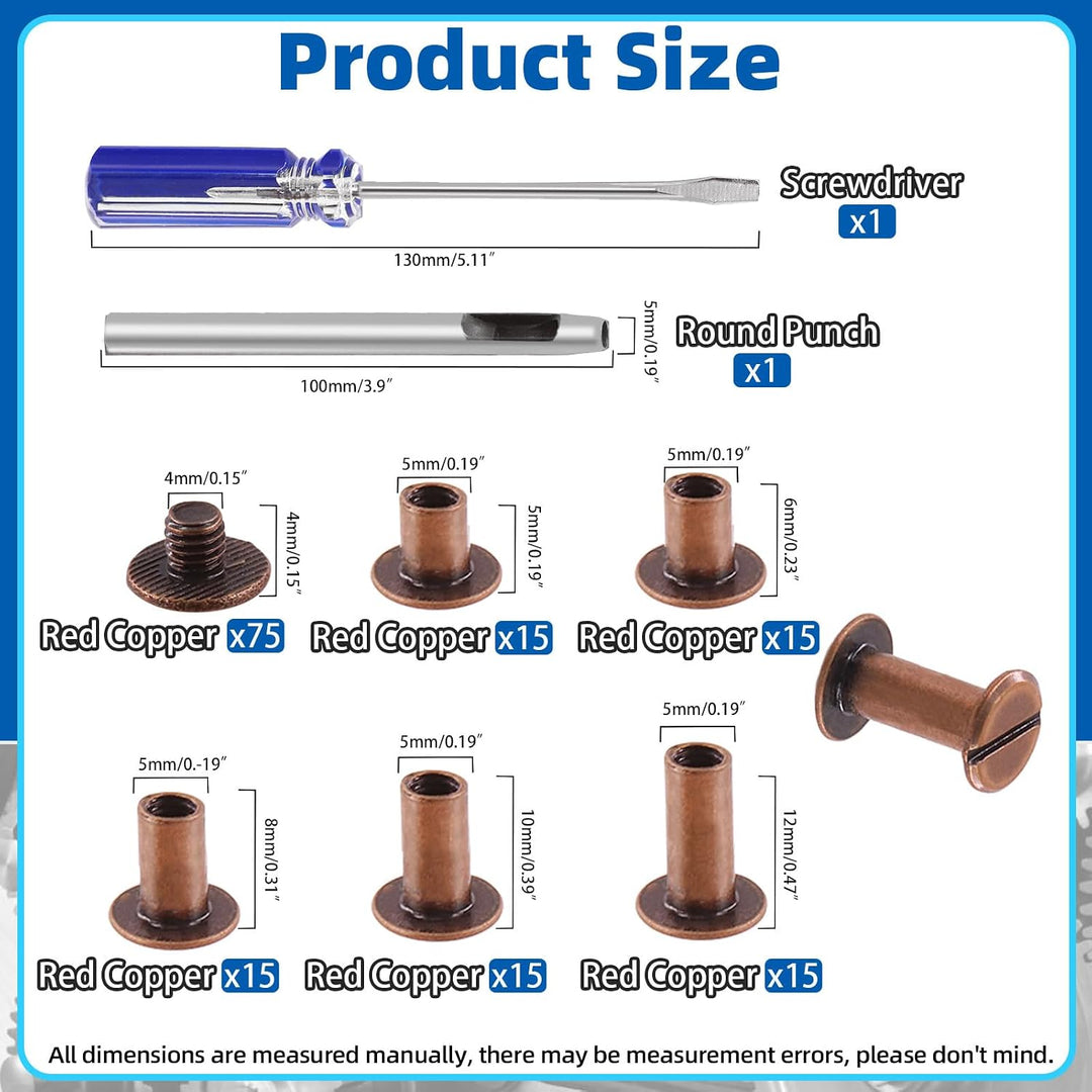 150 Sets Red Bronze Chicago Screws Assorted Kit - M5 x 5mm, 6mm, 8mm, 10mm, 12mm Rivets and 4x4mm Flat Head Stud Screw - Nail Rivet Button Screw Posts Metal Accessories (Red Bronze) - Just Closeouts Canada Inc.X00422TNJR