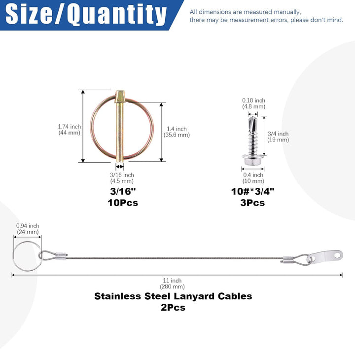15Pcs 3/16" x 1-7/16" Lynch Pin with Lanyard Cable Set 10Pcs Lynch Pin Lock Pin Clips and 2Pcs 304 Stainless Steel Lanyard Cable with Quick Release Ring for Farm Tractors Trailers Trucks Mowers - Just Closeouts Canada Inc.X003B8MNGX