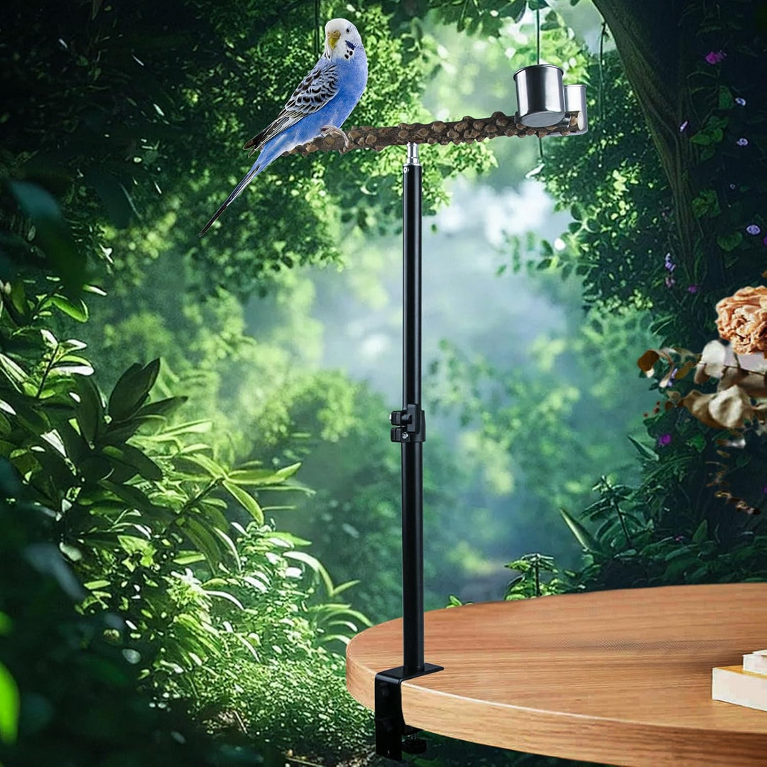 18 - 29 Inch Height Adjustable Bird Perch Stand, Desktop Parrot Training Stand, Natural Pepper Wood Cockatiels Play Stand with Feeding Cups, Parakeets Perch Toy for Indoor Outdoor Bird Training - Just Closeouts Canada Inc.