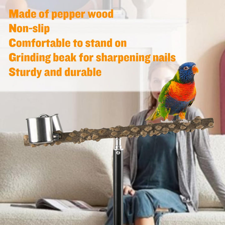 18 - 29 Inch Height Adjustable Bird Perch Stand, Desktop Parrot Training Stand, Natural Pepper Wood Cockatiels Play Stand with Feeding Cups, Parakeets Perch Toy for Indoor Outdoor Bird Training - Just Closeouts Canada Inc.