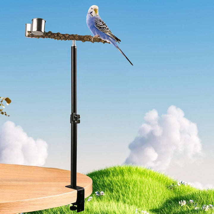 18 - 29 Inch Height Adjustable Bird Perch Stand, Desktop Parrot Training Stand, Natural Pepper Wood Cockatiels Play Stand with Feeding Cups, Parakeets Perch Toy for Indoor Outdoor Bird Training - Just Closeouts Canada Inc.