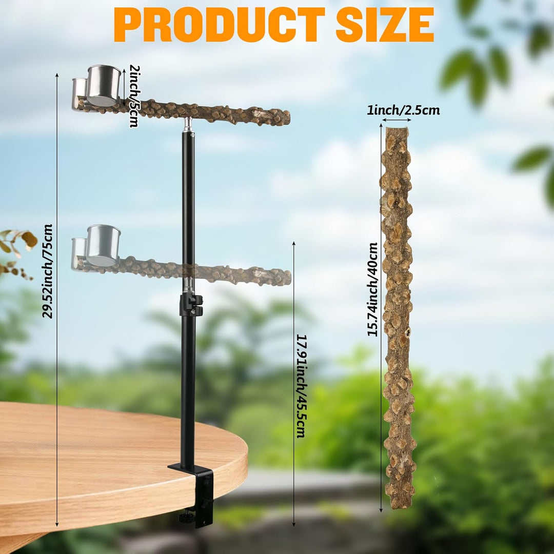18 - 29 Inch Height Adjustable Bird Perch Stand, Desktop Parrot Training Stand, Natural Pepper Wood Cockatiels Play Stand with Feeding Cups, Parakeets Perch Toy for Indoor Outdoor Bird Training - Just Closeouts Canada Inc.