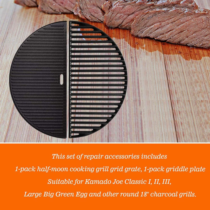 18" Cast Iron Grid Grate Reversible Griddle Replace For Large Big Green Egg, Kamado Joe Classic I II III series, Vision, Stand - Alone and other round 18" charcoal grills - Just Closeouts Canada Inc.