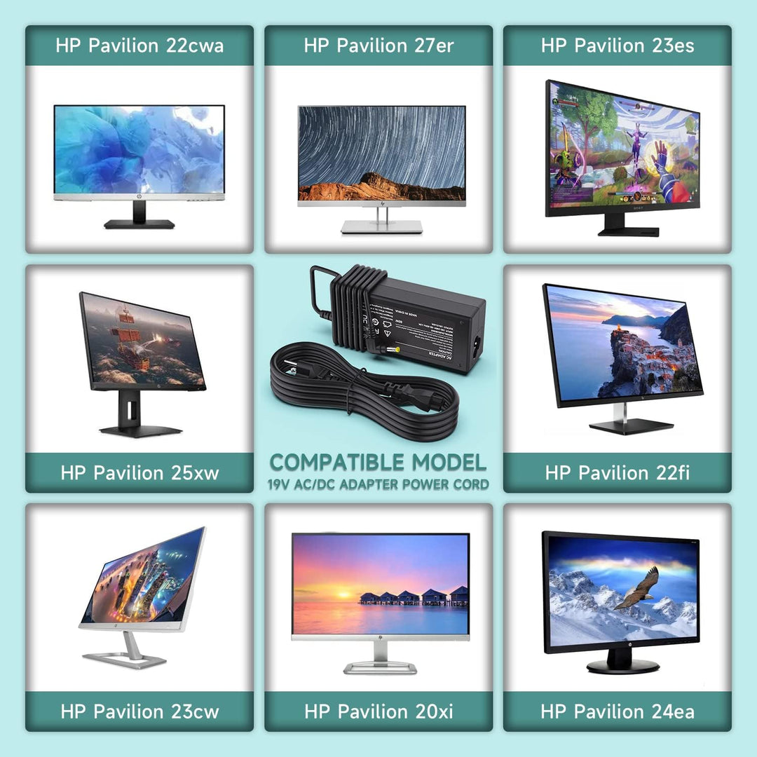 19V HP Monitor Power Cord for 27" 25" 23.8" 23" 21.5" 20", HP 27XW, 27XI, 27BW, 27ER, 27ES, 25XW, 25BW, 25XI, 24EA, 23XI, 23BW, 23CW, 23ES, 22CWA, 22BW, 22FI, 20XI, ADPC1945 Power Supply - Just Closeouts Canada Inc.