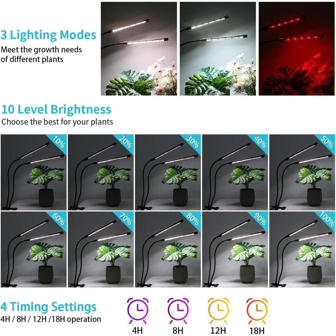 2 Head Black Grow Lights for Indoor Plants, 84LEDs Clip Plant Growing Lights, Full Spectrum LED Grow Lamps with Flexible Gooseneck and 4/8/12/18H Timer, 3 Spectral Modes, 10 Dimmable Levels - Just Closeouts Canada Inc.X004O1EECH