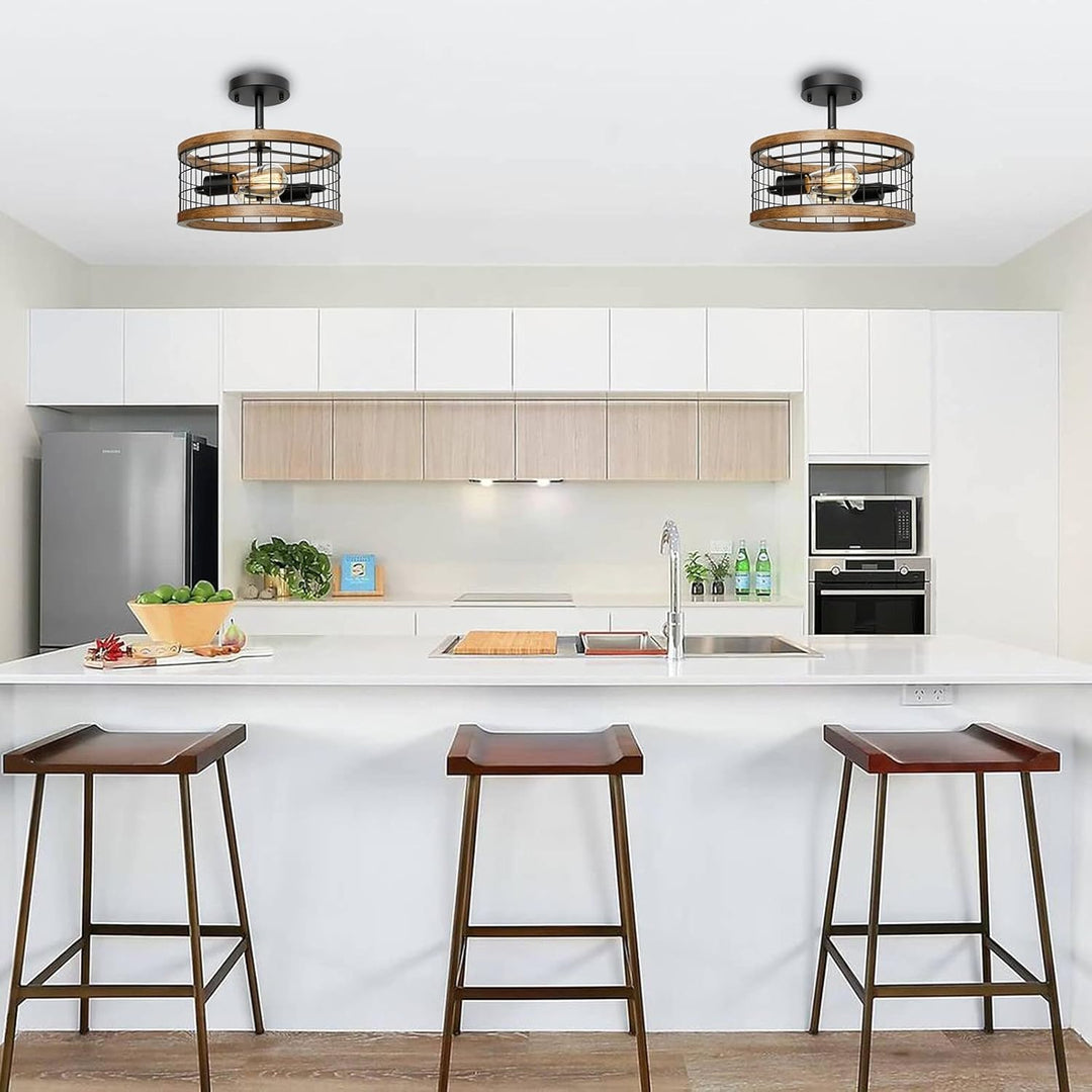 2 - Light Farmhouse Semi Flush Mount Ceiling Light Fixture, Rustic Drum Wood Ceiling Lamp for Hallway Kitchen Entryway Foyer Bedroom Laundry Room, Nature Wood Texture and Black Metal Fence Finish - Just Closeouts Canada Inc.