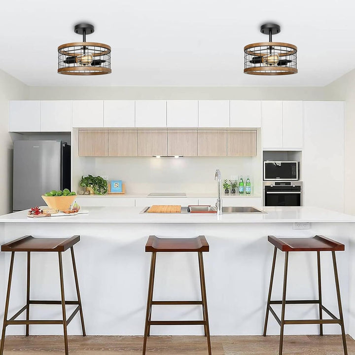 2 - Light Farmhouse Semi Flush Mount Ceiling Light Fixture, Rustic Drum Wood Ceiling Lamp for Hallway Kitchen Entryway Foyer Bedroom Laundry Room, Nature Wood Texture and Black Metal Fence Finish - Just Closeouts Canada Inc.