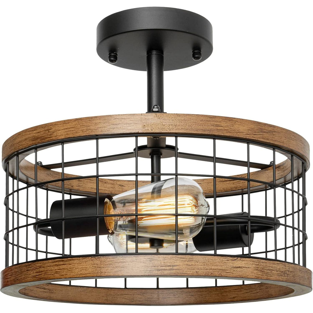 2 - Light Farmhouse Semi Flush Mount Ceiling Light Fixture, Rustic Drum Wood Ceiling Lamp for Hallway Kitchen Entryway Foyer Bedroom Laundry Room, Nature Wood Texture and Black Metal Fence Finish - Just Closeouts Canada Inc.