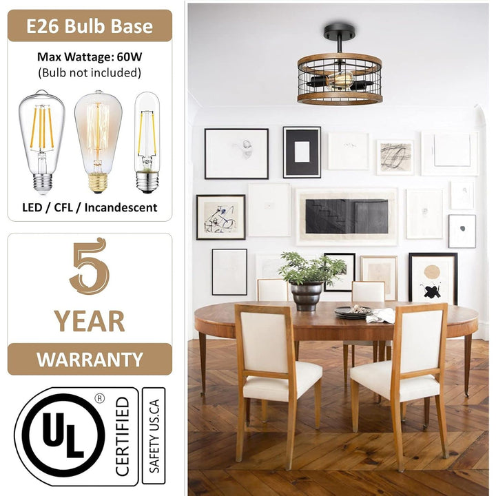 2 - Light Farmhouse Semi Flush Mount Ceiling Light Fixture, Rustic Drum Wood Ceiling Lamp for Hallway Kitchen Entryway Foyer Bedroom Laundry Room, Nature Wood Texture and Black Metal Fence Finish - Just Closeouts Canada Inc.