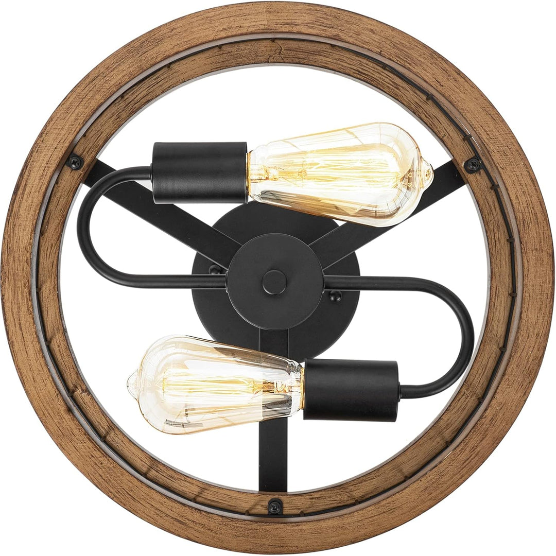 2 - Light Farmhouse Semi Flush Mount Ceiling Light Fixture, Rustic Drum Wood Ceiling Lamp for Hallway Kitchen Entryway Foyer Bedroom Laundry Room, Nature Wood Texture and Black Metal Fence Finish - Just Closeouts Canada Inc.