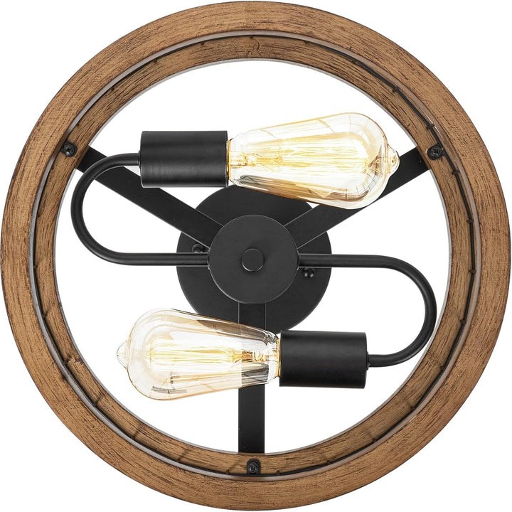 2 - Light Farmhouse Semi Flush Mount Ceiling Light Fixture, Rustic Drum Wood Ceiling Lamp for Hallway Kitchen Entryway Foyer Bedroom Laundry Room, Nature Wood Texture and Black Metal Fence Finish - Just Closeouts Canada Inc.