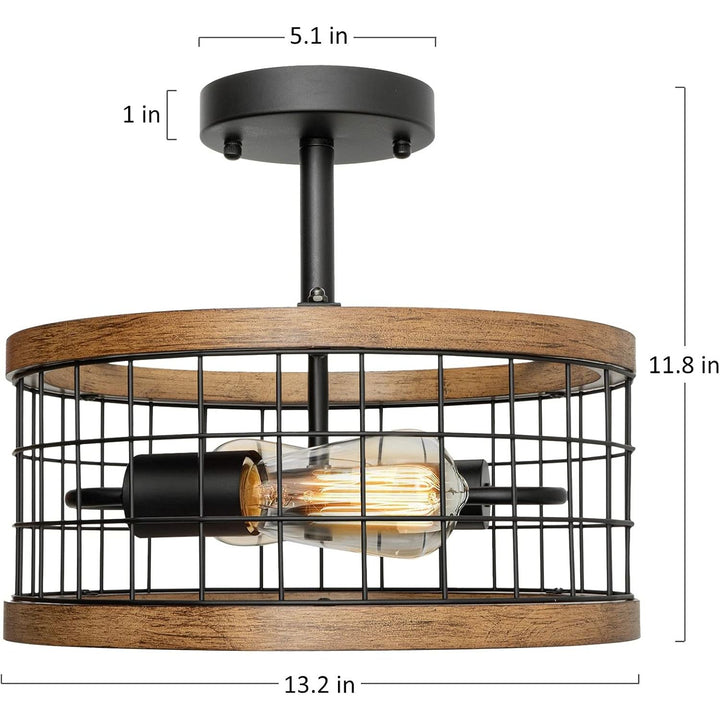 2 - Light Farmhouse Semi Flush Mount Ceiling Light Fixture, Rustic Drum Wood Ceiling Lamp for Hallway Kitchen Entryway Foyer Bedroom Laundry Room, Nature Wood Texture and Black Metal Fence Finish - Just Closeouts Canada Inc.