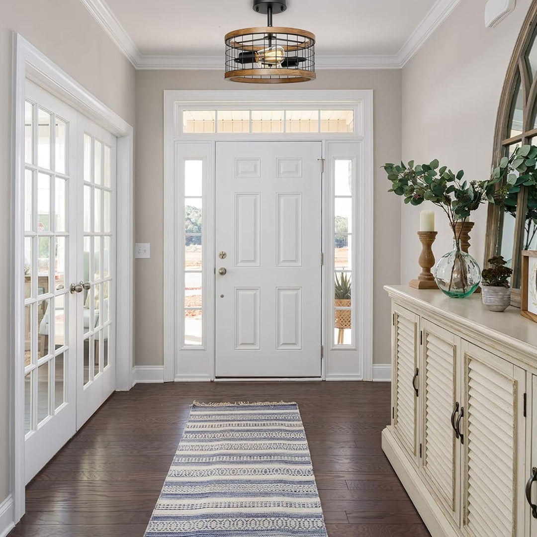 2 - Light Farmhouse Semi Flush Mount Ceiling Light Fixture, Rustic Drum Wood Ceiling Lamp for Hallway Kitchen Entryway Foyer Bedroom Laundry Room, Nature Wood Texture and Black Metal Fence Finish - Just Closeouts Canada Inc.